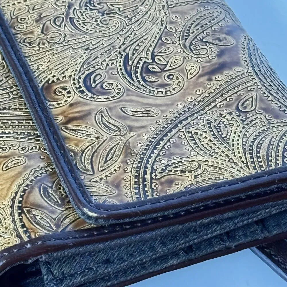 Relic TriFold Wallet Checkbook Insert Brown Paisley Saddle Tooled Leather Boho